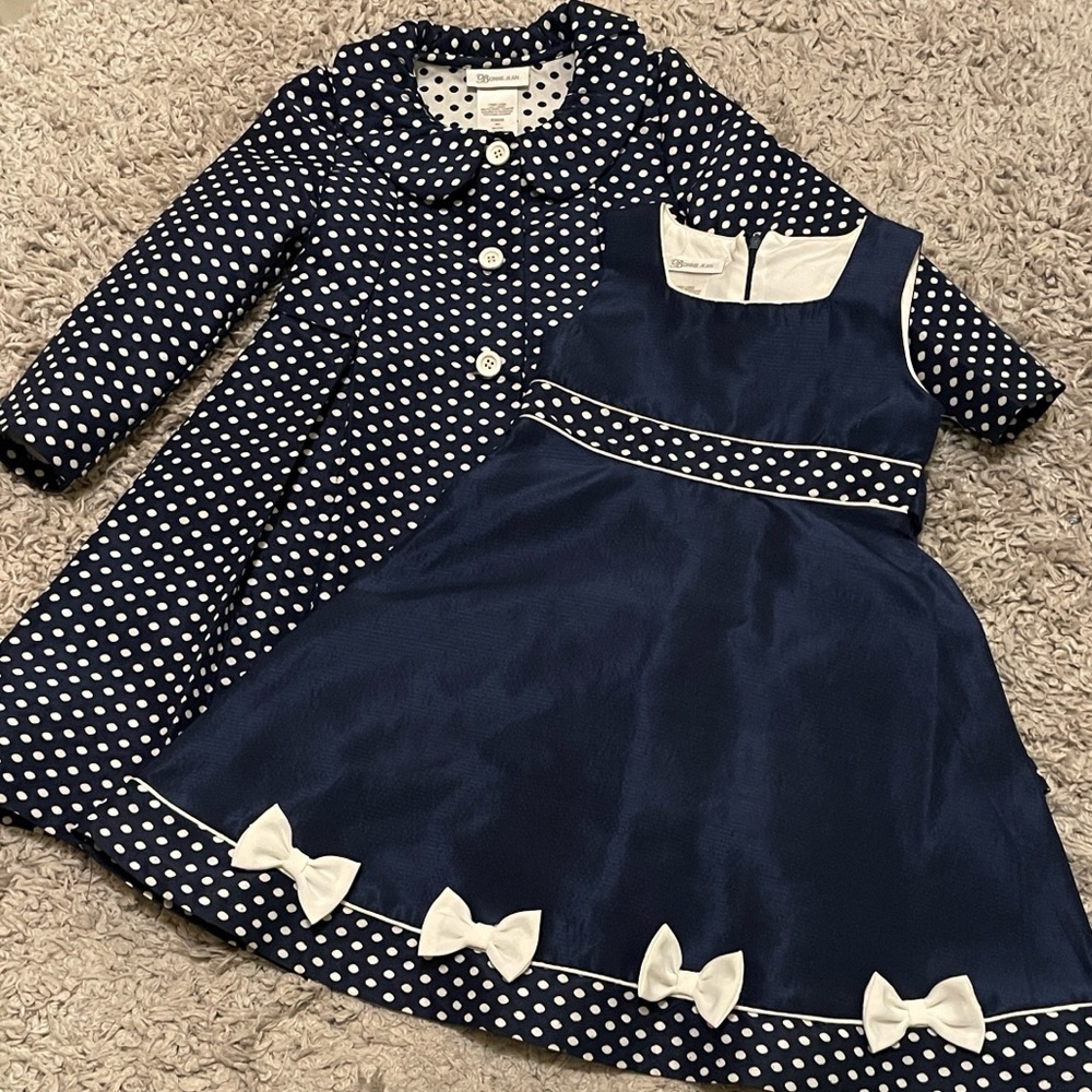 Bonnie Jean Navy Blue Polka Dot Coat & Dress Set, Size 6